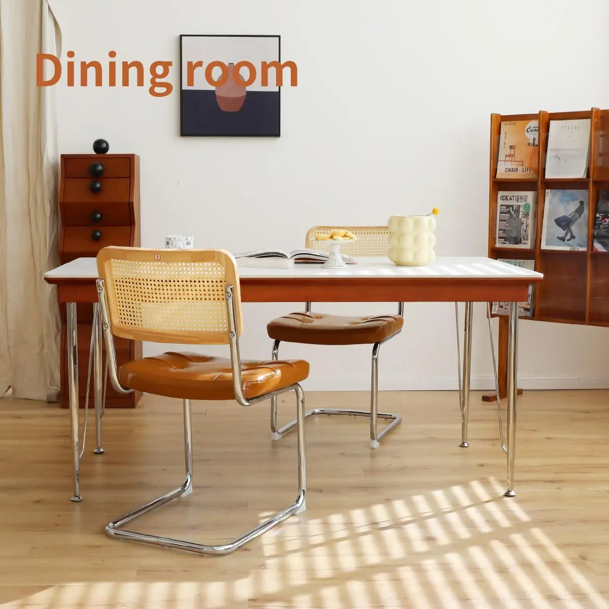 Faux Leather Rattan Side Accent Chairs with Chrome Legs,Modern Mid Century Designed Chairs for Dining,Living Room,Kitchen Chairs