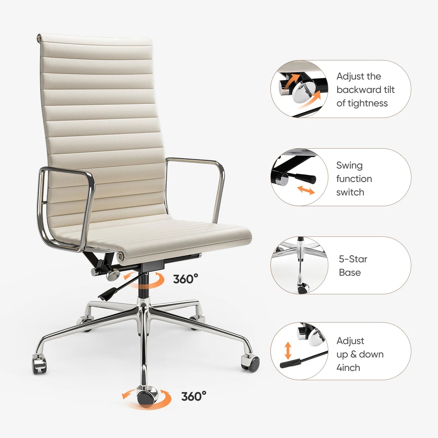 White Mid Back Genuine Leather Swivel Chairs Ergonomic Office Chair Adjustable Swivel Leather Gaming Chair Ribbed Office Chair