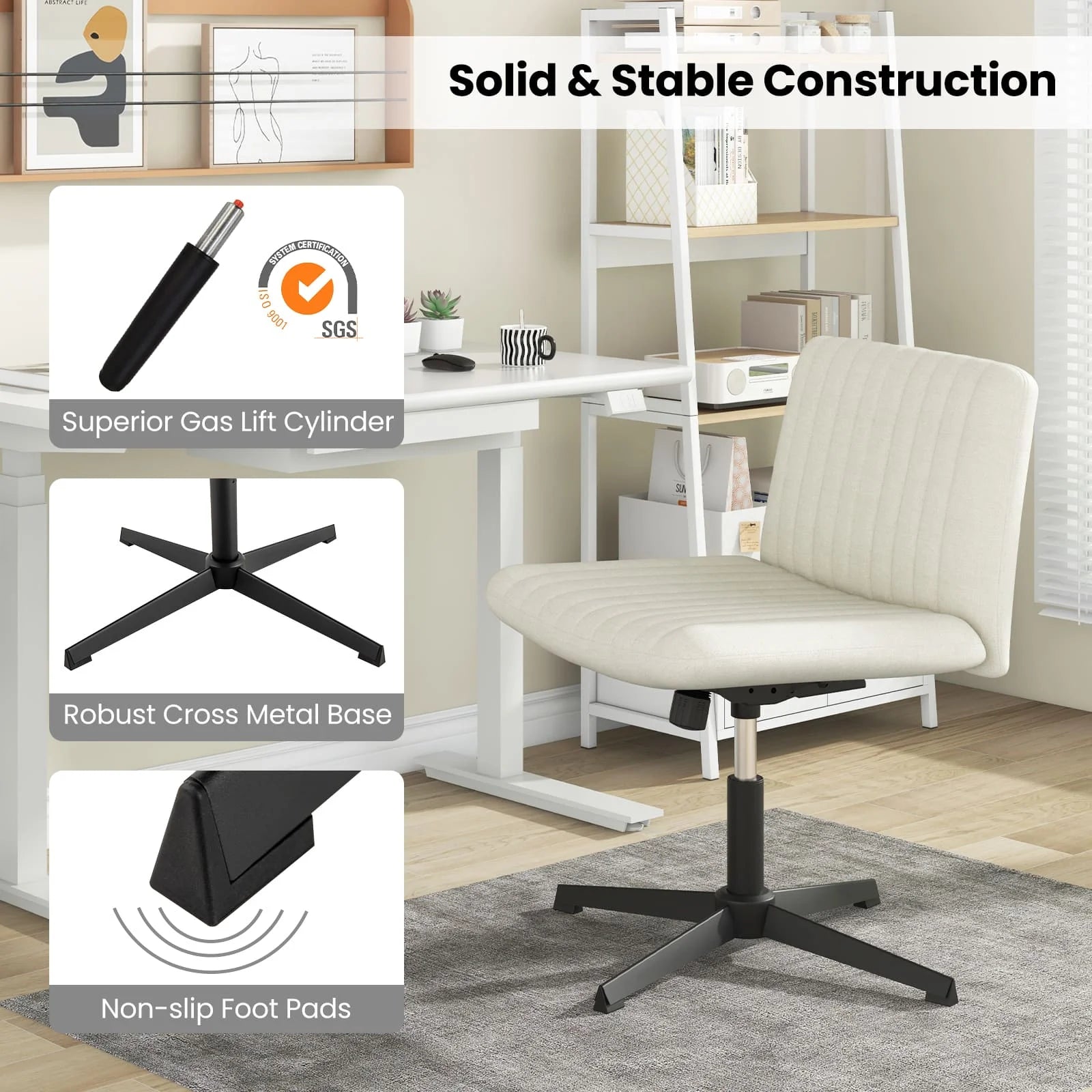 GOFLAME Criss Cross Legged Chair Home Office Chair w/ Wide Padded Seat-Beige