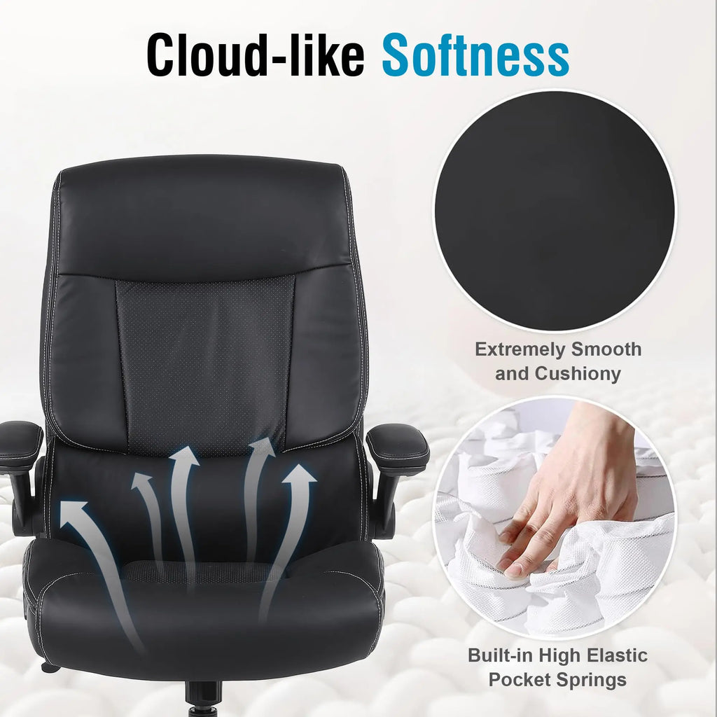 Executive Office Chair, Desk Chair with Flip-up Armrests, 200KG Computer Chairs for Heavy People, PU Leather Office Chairs