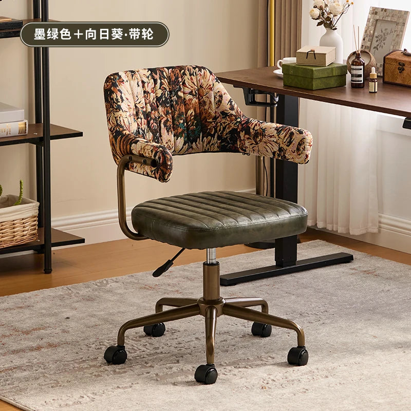 Brown Leather & Patterned Fabric Office Chair, Wheeled Adjustable Swivel Chair, Retro Style Home Office Desk Chair with Armrests