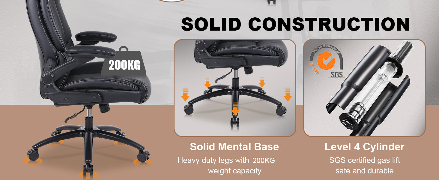 Executive Office Chair, Desk Chair with Flip-up Armrests, 200KG Computer Chairs for Heavy People, PU Leather Office Chairs